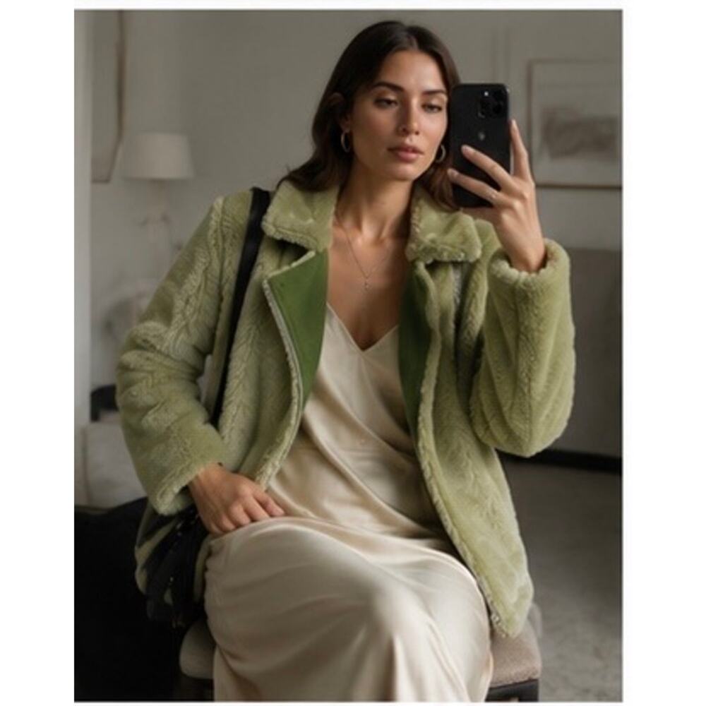 Sage Green Teddy Faux Fur Moto Jacket NWT French Designer Paul & Joe Sister US4 - Picture 4 of 10